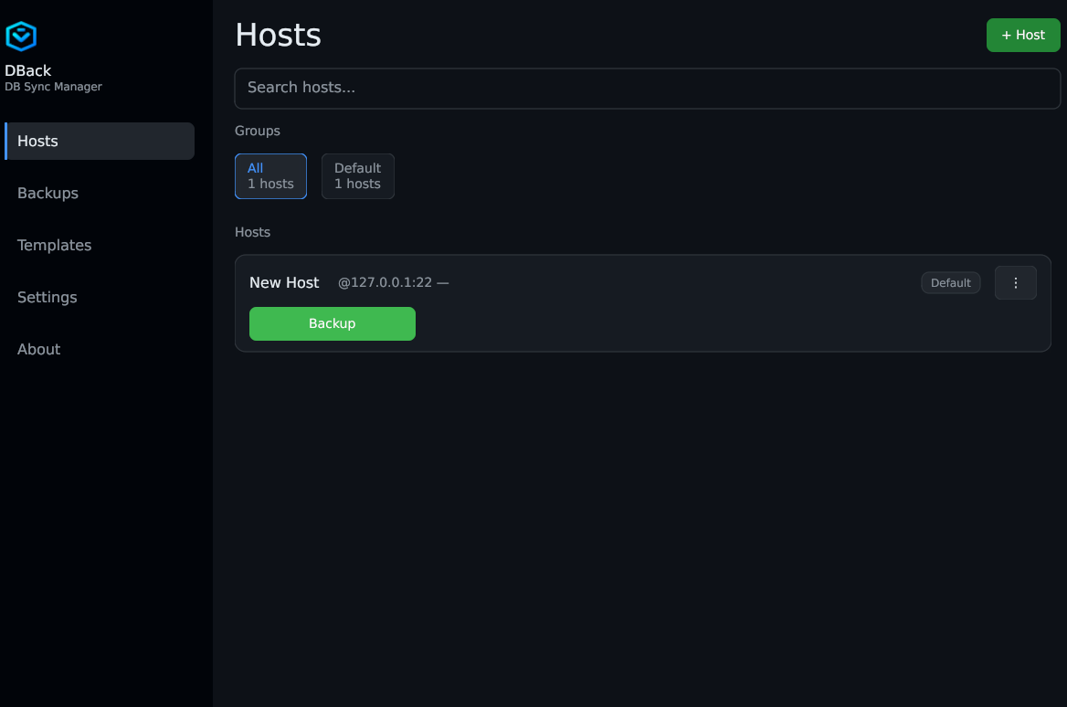 DBack Hosts screen — manage SSH, Docker, and WordPress connections