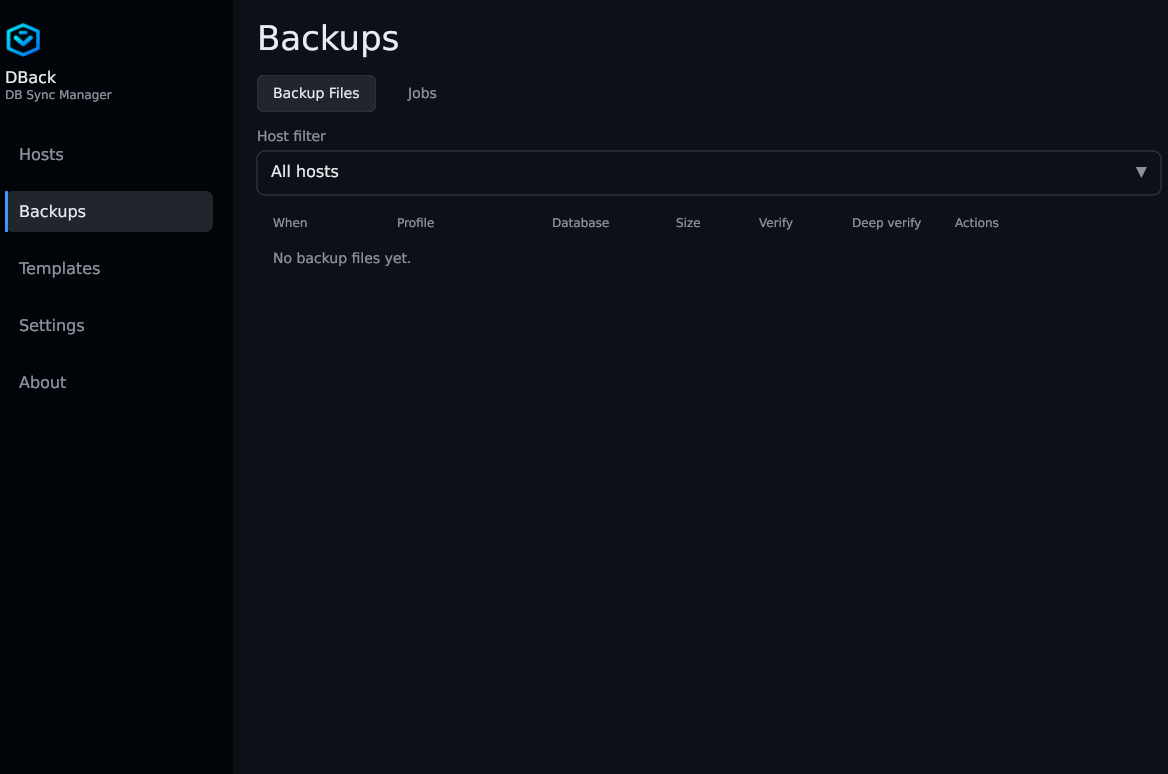 DBack Backups — backup files with Verify and Deep verify columns