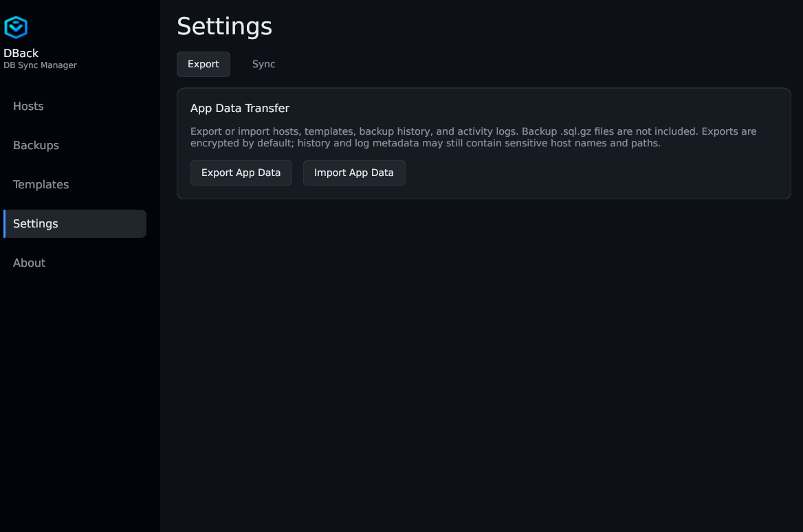 DBack Settings — export and import encrypted app data
