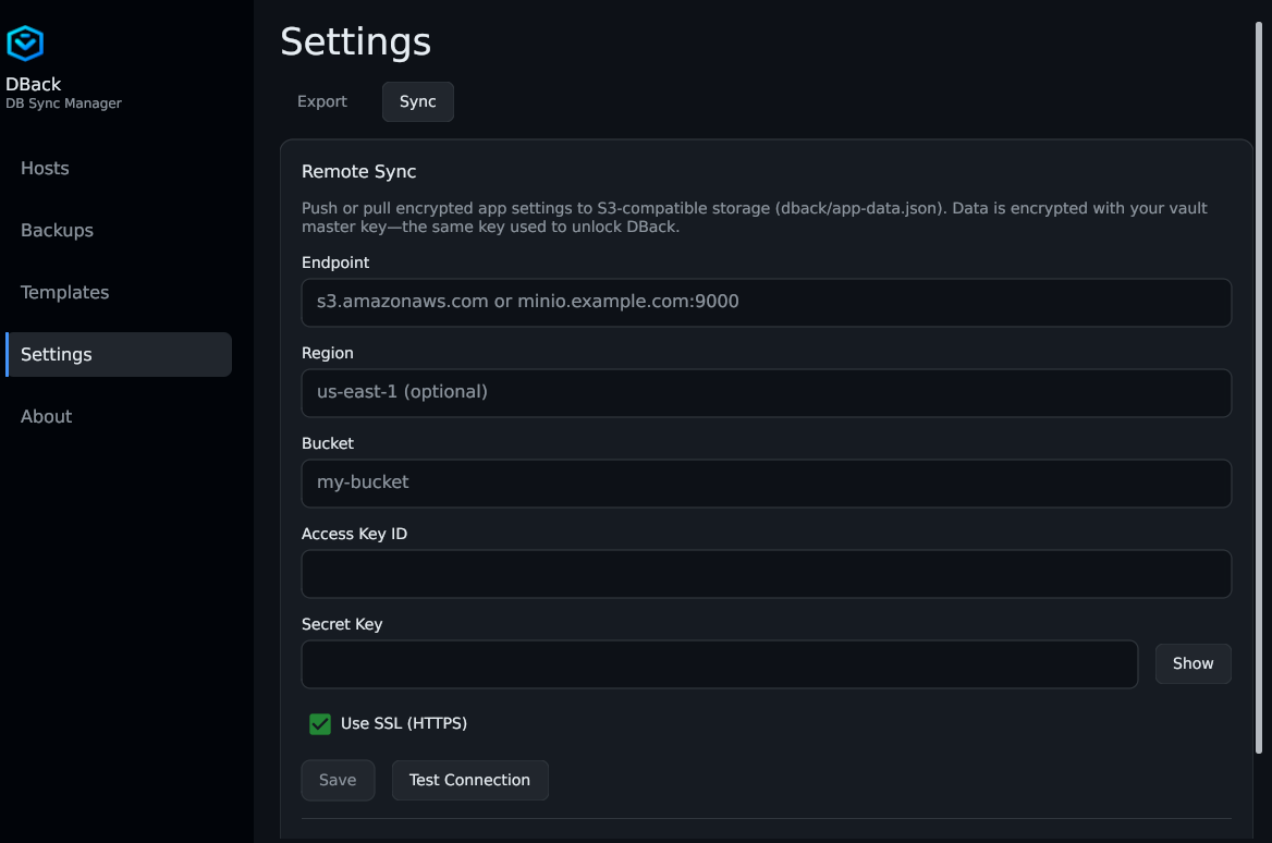 DBack Settings — S3 sync for encrypted vault settings