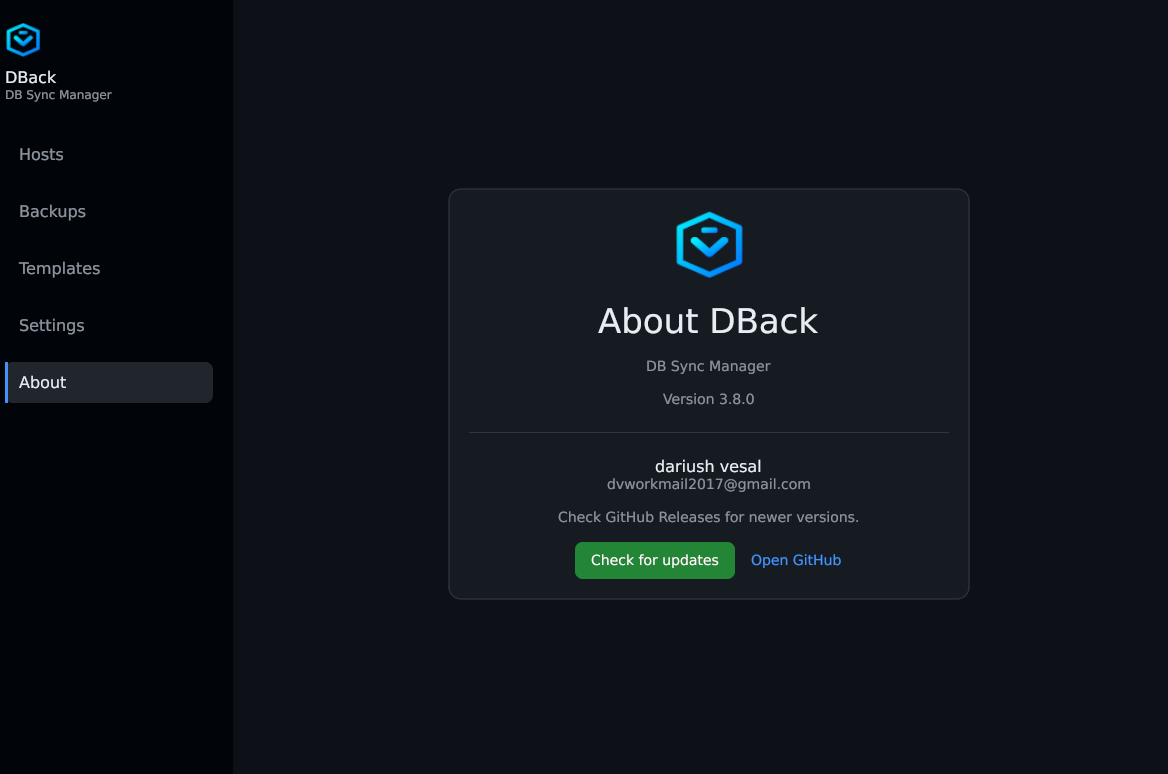 DBack About — version 3.8.0 and in-app updater